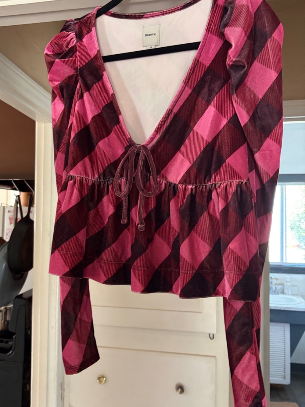 Maeve Pink Plaid Tie-Front Womens Top Size M